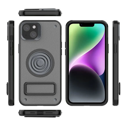 For iPhone 14 Case Carbon Fiber Texture Kickstand PC+TPU Magnetic Phone Cover