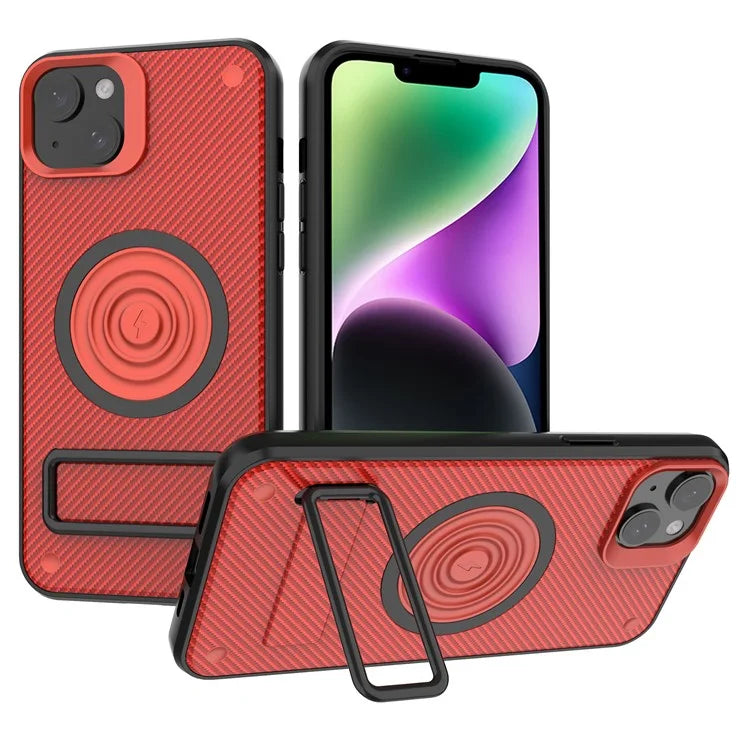 For iPhone 14 Case Carbon Fiber Texture Kickstand PC+TPU Magnetic Phone Cover