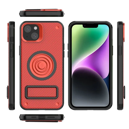 For iPhone 14 Case Carbon Fiber Texture Kickstand PC+TPU Magnetic Phone Cover