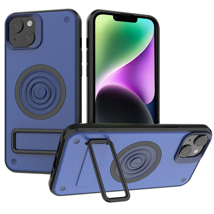 For iPhone 14 Case Carbon Fiber Texture Kickstand PC+TPU Magnetic Phone Cover