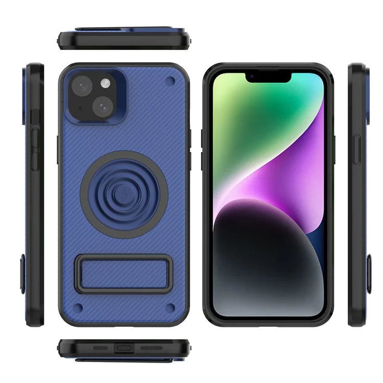 For iPhone 14 Case Carbon Fiber Texture Kickstand PC+TPU Magnetic Phone Cover