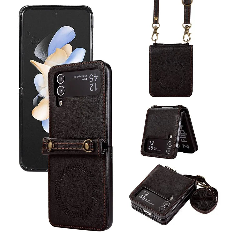 For Samsung Galaxy Z Flip4 5G Case TPU+PU Leather Cover Crossbody Shoulder Bag Magnetic Phone Shell