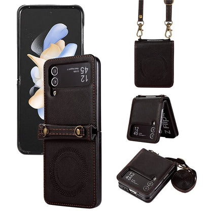 For Samsung Galaxy Z Flip4 5G Case TPU+PU Leather Cover Crossbody Shoulder Bag Magnetic Phone Shell