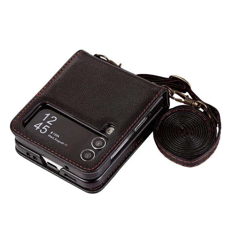 For Samsung Galaxy Z Flip4 5G Case TPU+PU Leather Cover Crossbody Shoulder Bag Magnetic Phone Shell