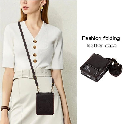 For Samsung Galaxy Z Flip4 5G Case TPU+PU Leather Cover Crossbody Shoulder Bag Magnetic Phone Shell
