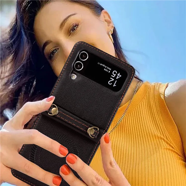 For Samsung Galaxy Z Flip4 5G Case TPU+PU Leather Cover Crossbody Shoulder Bag Magnetic Phone Shell
