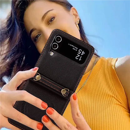 For Samsung Galaxy Z Flip4 5G Case TPU+PU Leather Cover Crossbody Shoulder Bag Magnetic Phone Shell