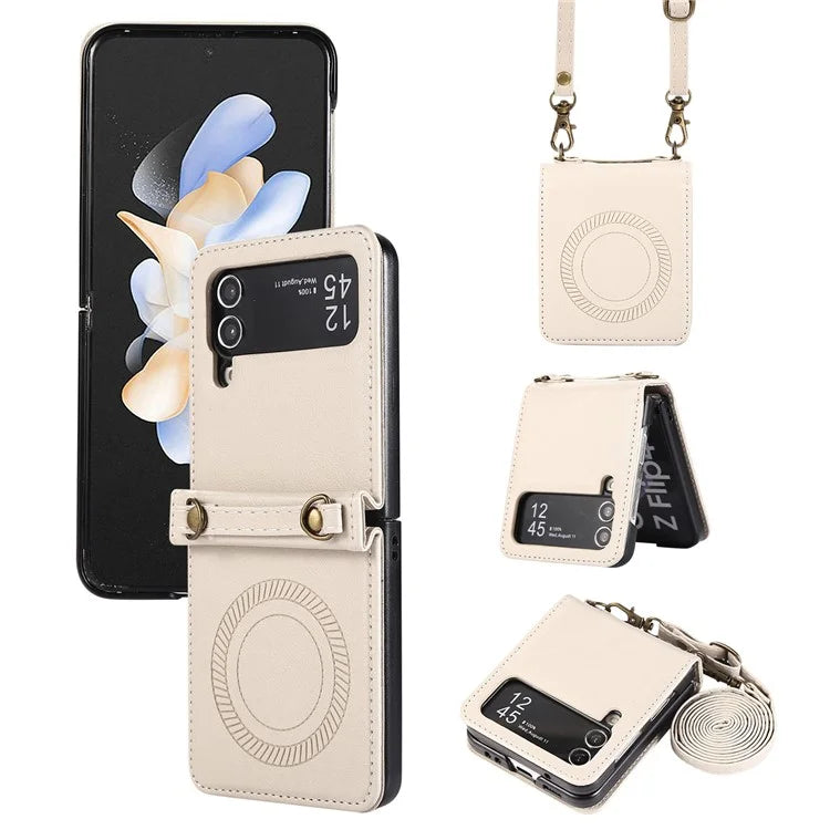 For Samsung Galaxy Z Flip4 5G Case TPU+PU Leather Cover Crossbody Shoulder Bag Magnetic Phone Shell