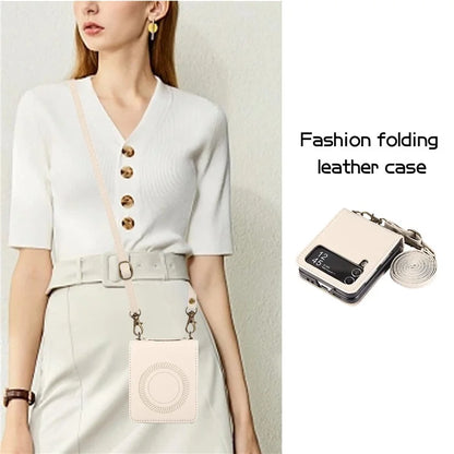 For Samsung Galaxy Z Flip4 5G Case TPU+PU Leather Cover Crossbody Shoulder Bag Magnetic Phone Shell