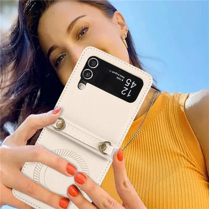For Samsung Galaxy Z Flip4 5G Case TPU+PU Leather Cover Crossbody Shoulder Bag Magnetic Phone Shell