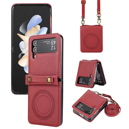 For Samsung Galaxy Z Flip4 5G Case TPU+PU Leather Cover Crossbody Shoulder Bag Magnetic Phone Shell