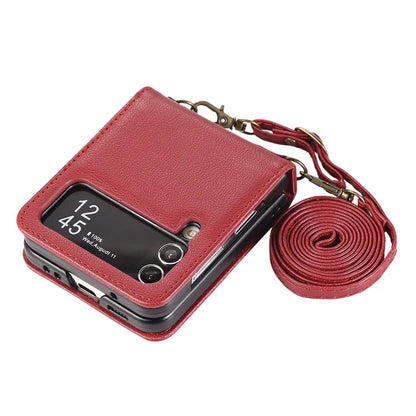 For Samsung Galaxy Z Flip4 5G Case TPU+PU Leather Cover Crossbody Shoulder Bag Magnetic Phone Shell