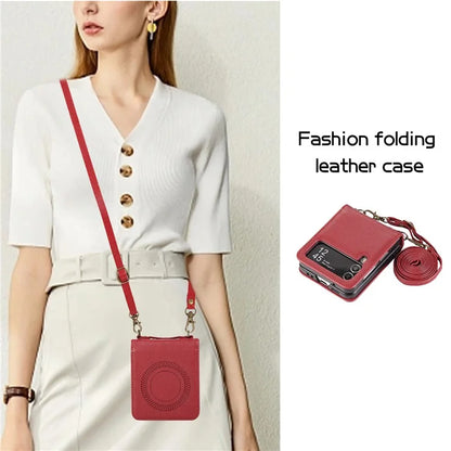 For Samsung Galaxy Z Flip4 5G Case TPU+PU Leather Cover Crossbody Shoulder Bag Magnetic Phone Shell