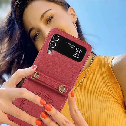 For Samsung Galaxy Z Flip4 5G Case TPU+PU Leather Cover Crossbody Shoulder Bag Magnetic Phone Shell
