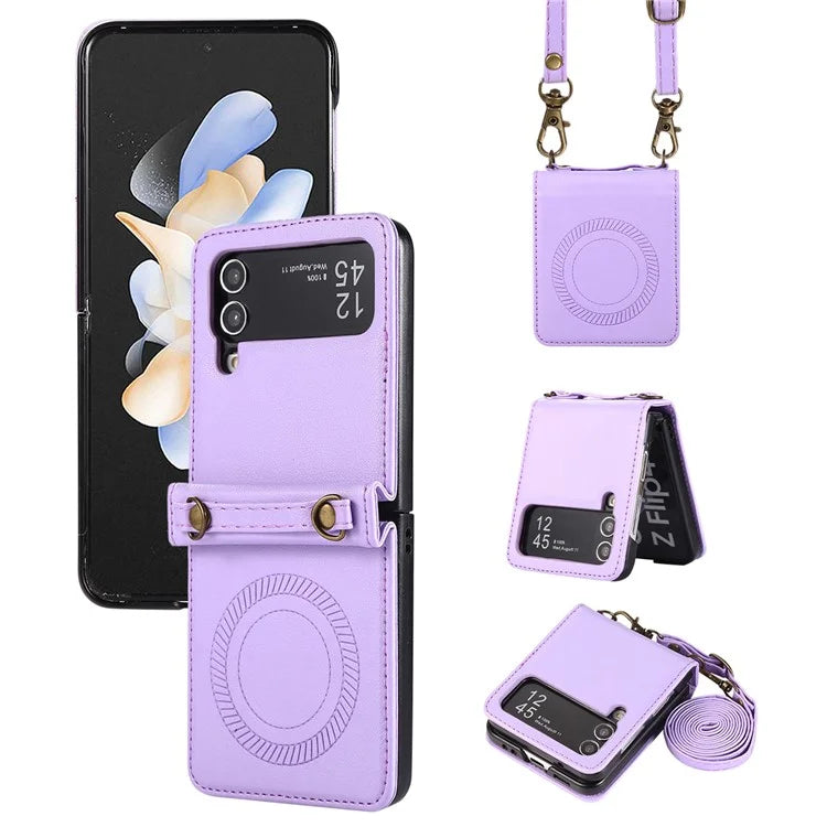 For Samsung Galaxy Z Flip4 5G Case TPU+PU Leather Cover Crossbody Shoulder Bag Magnetic Phone Shell
