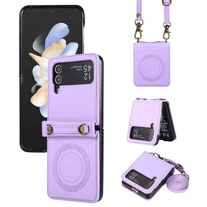 For Samsung Galaxy Z Flip4 5G Case TPU+PU Leather Cover Crossbody Shoulder Bag Magnetic Phone Shell