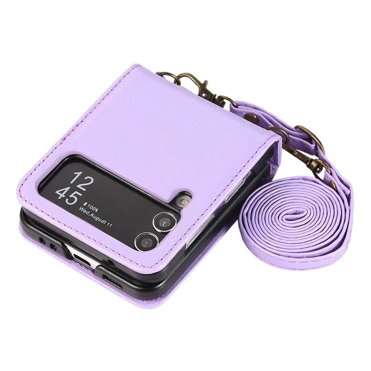 For Samsung Galaxy Z Flip4 5G Case TPU+PU Leather Cover Crossbody Shoulder Bag Magnetic Phone Shell