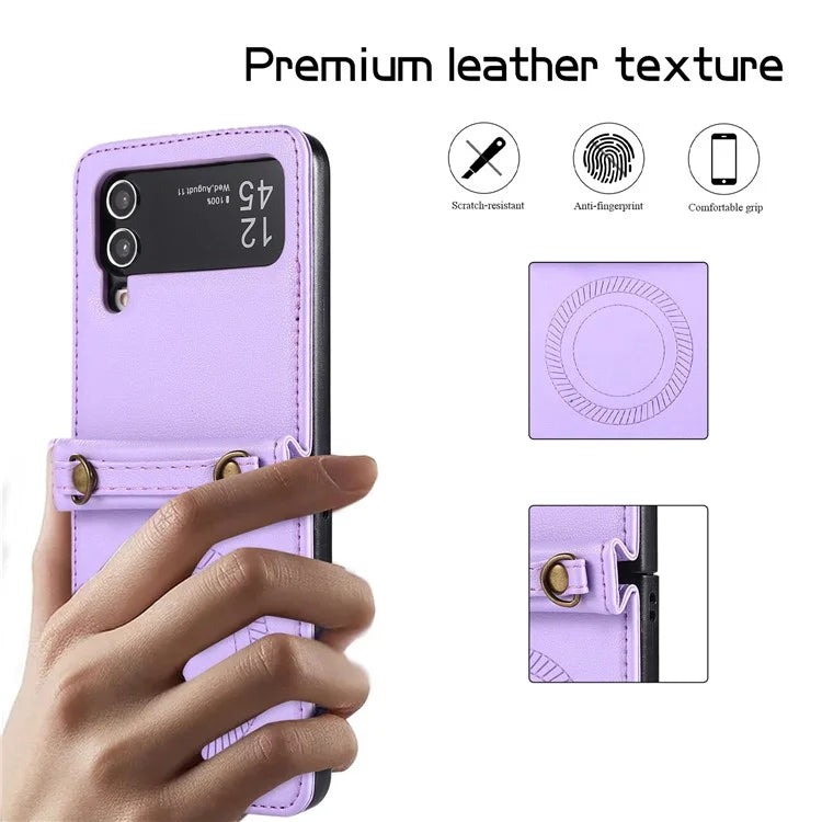 For Samsung Galaxy Z Flip4 5G Case TPU+PU Leather Cover Crossbody Shoulder Bag Magnetic Phone Shell