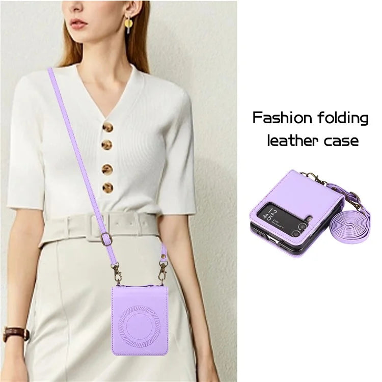 For Samsung Galaxy Z Flip4 5G Case TPU+PU Leather Cover Crossbody Shoulder Bag Magnetic Phone Shell