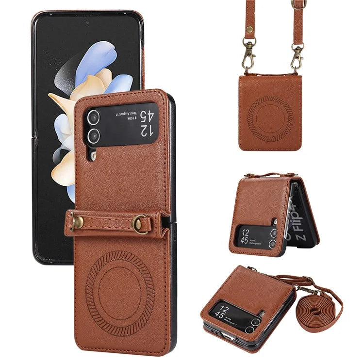 For Samsung Galaxy Z Flip4 5G Case TPU+PU Leather Cover Crossbody Shoulder Bag Magnetic Phone Shell