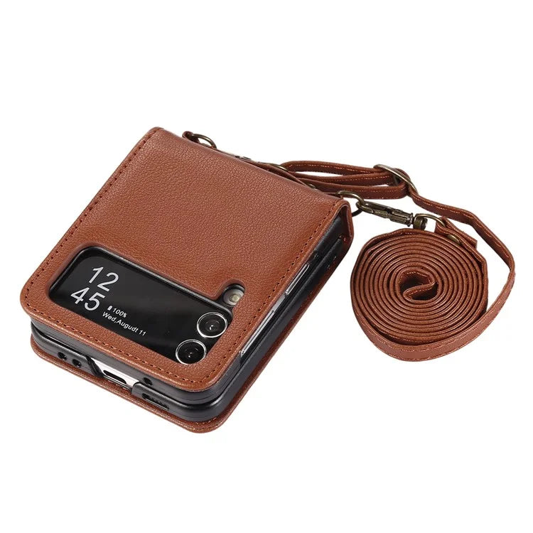 For Samsung Galaxy Z Flip4 5G Case TPU+PU Leather Cover Crossbody Shoulder Bag Magnetic Phone Shell