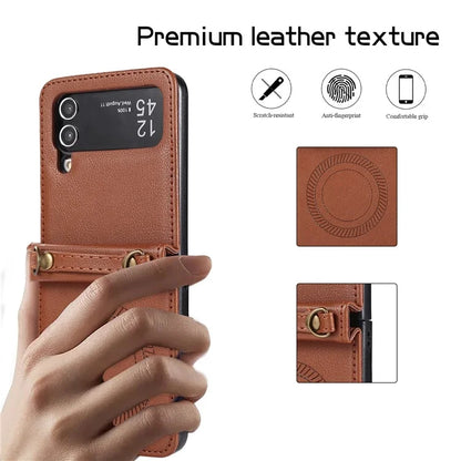 For Samsung Galaxy Z Flip4 5G Case TPU+PU Leather Cover Crossbody Shoulder Bag Magnetic Phone Shell
