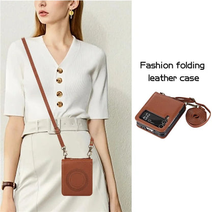 For Samsung Galaxy Z Flip4 5G Case TPU+PU Leather Cover Crossbody Shoulder Bag Magnetic Phone Shell