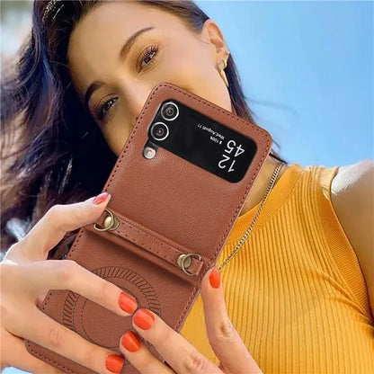 For Samsung Galaxy Z Flip4 5G Case TPU+PU Leather Cover Crossbody Shoulder Bag Magnetic Phone Shell