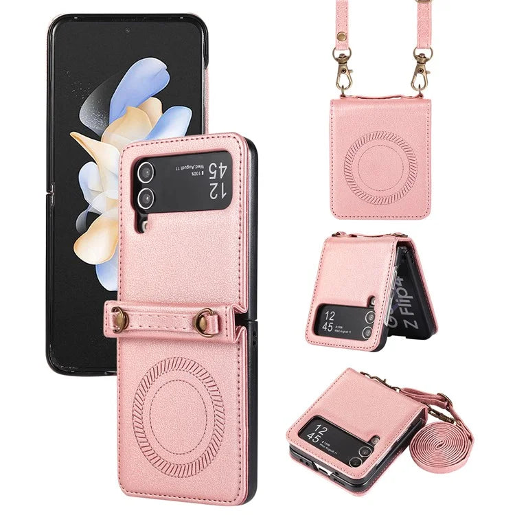For Samsung Galaxy Z Flip4 5G Case TPU+PU Leather Cover Crossbody Shoulder Bag Magnetic Phone Shell