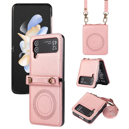 For Samsung Galaxy Z Flip4 5G Case TPU+PU Leather Cover Crossbody Shoulder Bag Magnetic Phone Shell