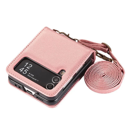 For Samsung Galaxy Z Flip4 5G Case TPU+PU Leather Cover Crossbody Shoulder Bag Magnetic Phone Shell