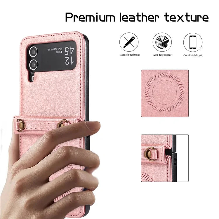 For Samsung Galaxy Z Flip4 5G Case TPU+PU Leather Cover Crossbody Shoulder Bag Magnetic Phone Shell