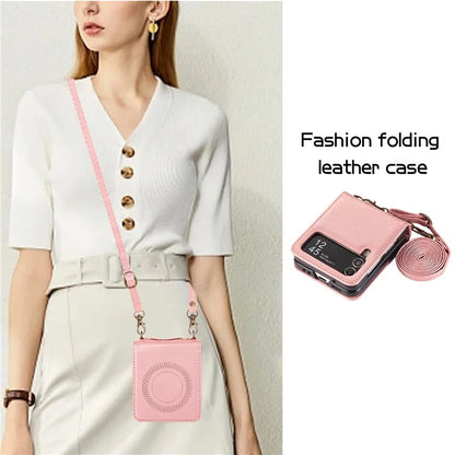For Samsung Galaxy Z Flip4 5G Case TPU+PU Leather Cover Crossbody Shoulder Bag Magnetic Phone Shell
