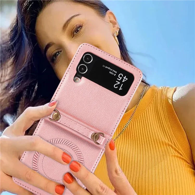 For Samsung Galaxy Z Flip4 5G Case TPU+PU Leather Cover Crossbody Shoulder Bag Magnetic Phone Shell