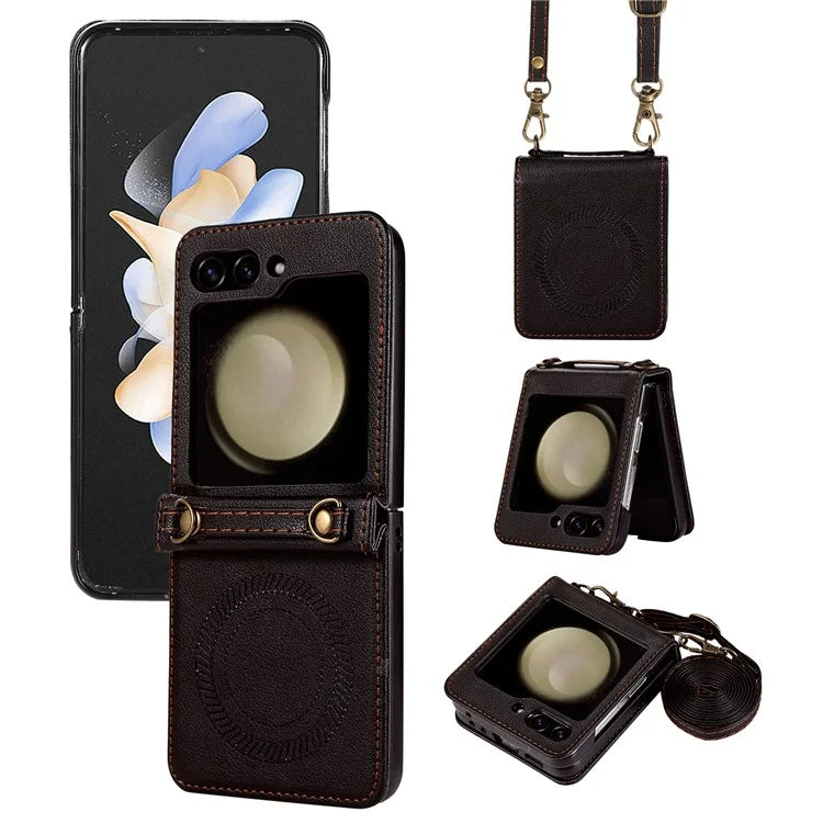 For Samsung Galaxy Z Flip5 5G Case Magnetic Phone Shell TPU+PU Leather Phone Cover with Strap