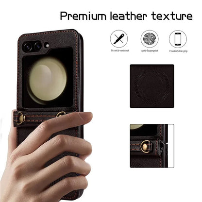 For Samsung Galaxy Z Flip5 5G Case Magnetic Phone Shell TPU+PU Leather Phone Cover with Strap