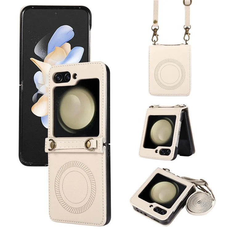 For Samsung Galaxy Z Flip5 5G Case Magnetic Phone Shell TPU+PU Leather Phone Cover with Strap