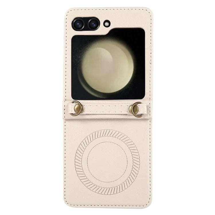 For Samsung Galaxy Z Flip5 5G Case Magnetic Phone Shell TPU+PU Leather Phone Cover with Strap