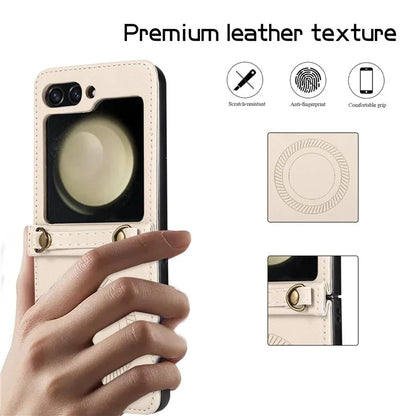 For Samsung Galaxy Z Flip5 5G Case Magnetic Phone Shell TPU+PU Leather Phone Cover with Strap