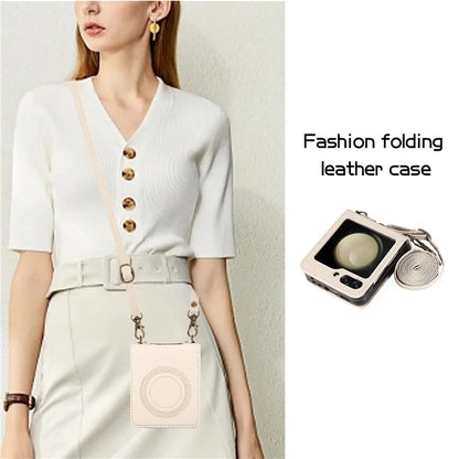 For Samsung Galaxy Z Flip5 5G Case Magnetic Phone Shell TPU+PU Leather Phone Cover with Strap
