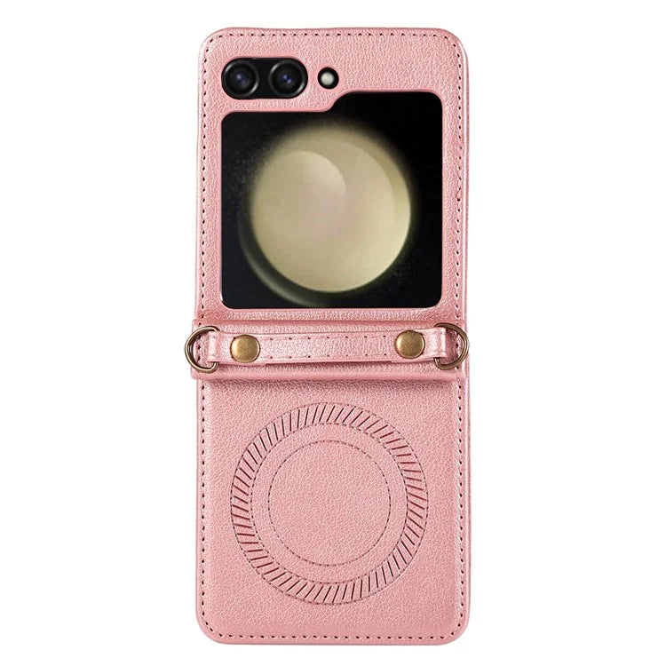 For Samsung Galaxy Z Flip5 5G Case Magnetic Phone Shell TPU+PU Leather Phone Cover with Strap