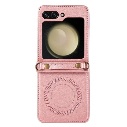 For Samsung Galaxy Z Flip5 5G Case Magnetic Phone Shell TPU+PU Leather Phone Cover with Strap