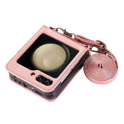 For Samsung Galaxy Z Flip5 5G Case Magnetic Phone Shell TPU+PU Leather Phone Cover with Strap