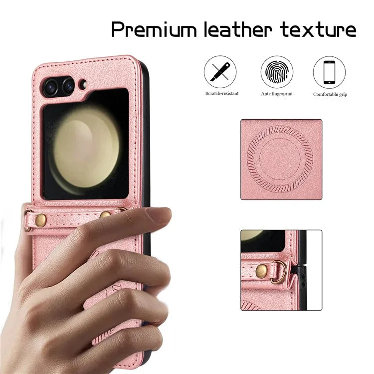 For Samsung Galaxy Z Flip5 5G Case Magnetic Phone Shell TPU+PU Leather Phone Cover with Strap