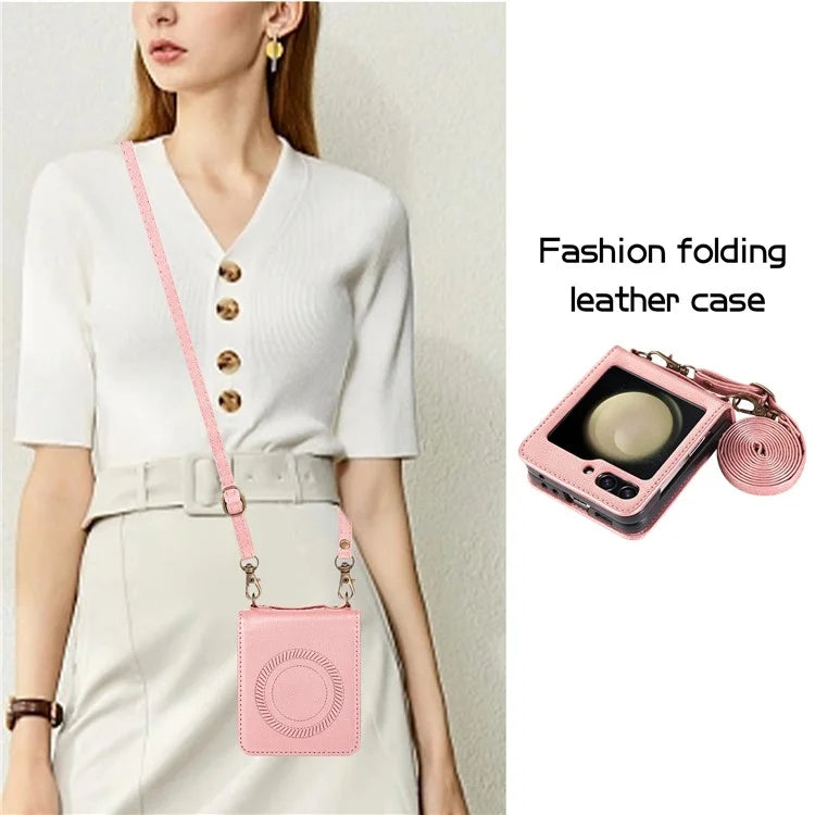 For Samsung Galaxy Z Flip5 5G Case Magnetic Phone Shell TPU+PU Leather Phone Cover with Strap