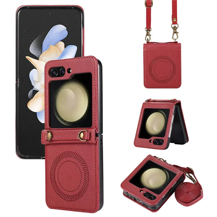 For Samsung Galaxy Z Flip5 5G Case Magnetic Phone Shell TPU+PU Leather Phone Cover with Strap