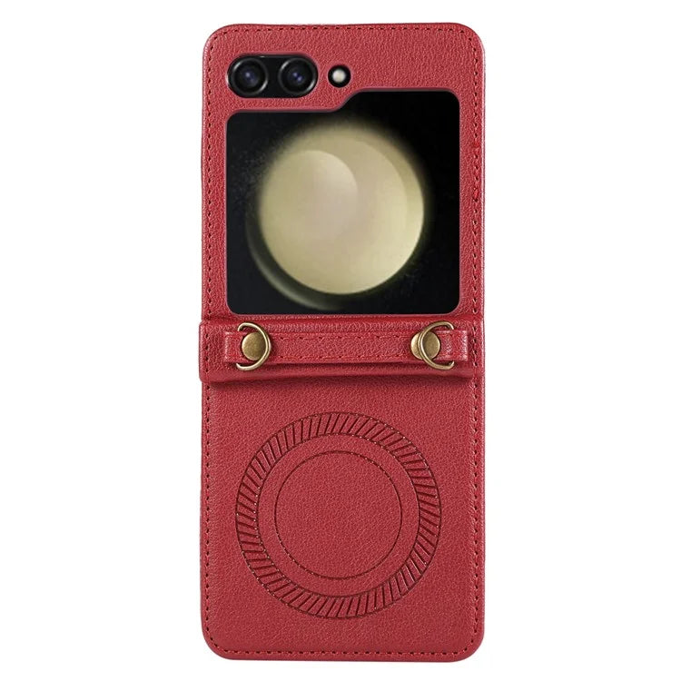 For Samsung Galaxy Z Flip5 5G Case Magnetic Phone Shell TPU+PU Leather Phone Cover with Strap