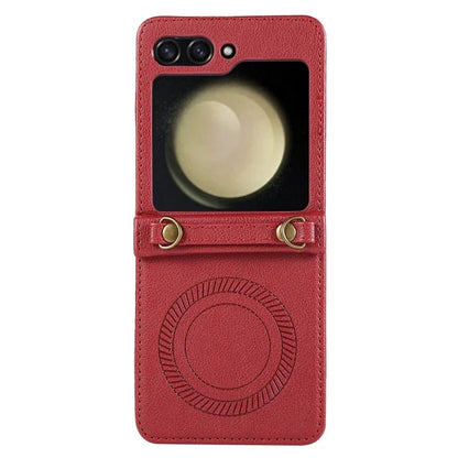 For Samsung Galaxy Z Flip5 5G Case Magnetic Phone Shell TPU+PU Leather Phone Cover with Strap
