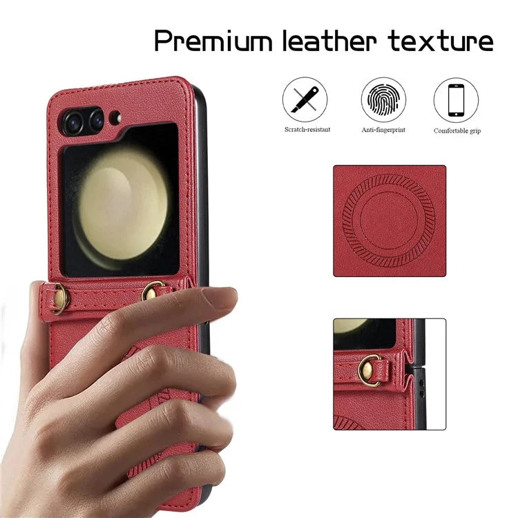 For Samsung Galaxy Z Flip5 5G Case Magnetic Phone Shell TPU+PU Leather Phone Cover with Strap