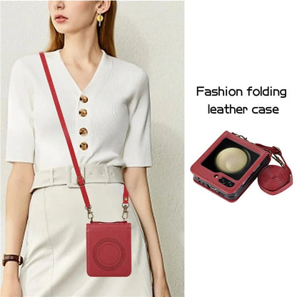 For Samsung Galaxy Z Flip5 5G Case Magnetic Phone Shell TPU+PU Leather Phone Cover with Strap